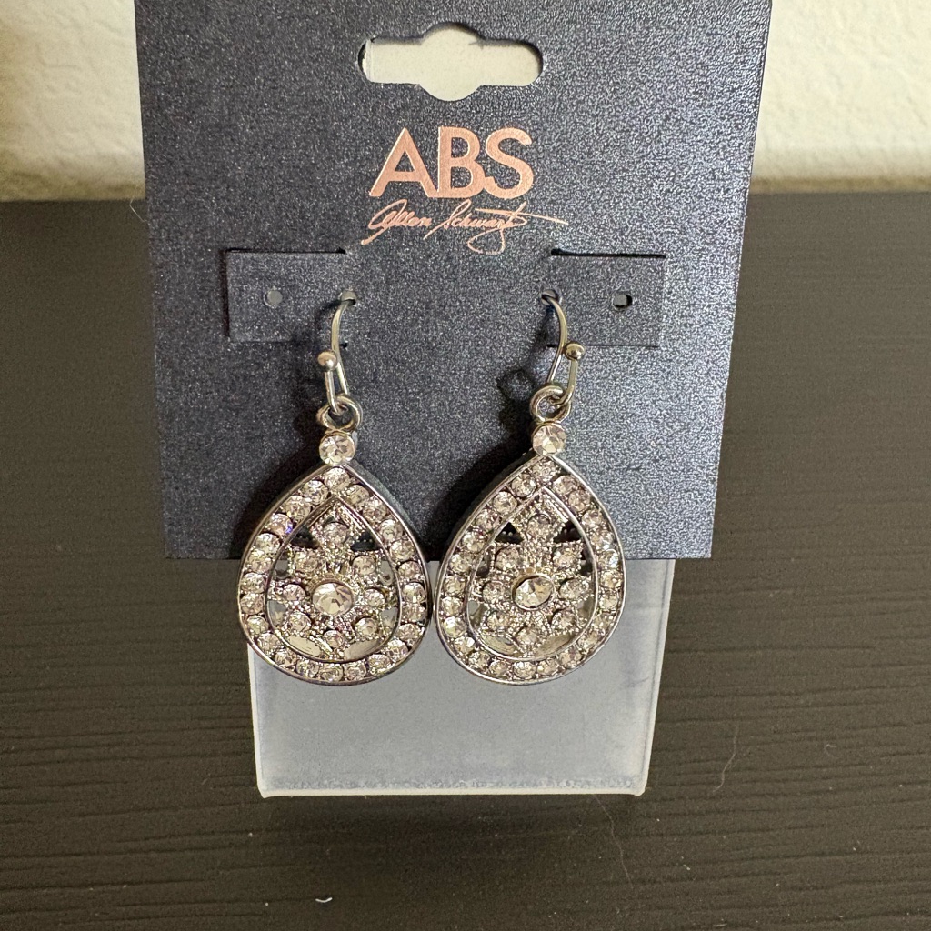 Abs By Allen Schwartz Teardrop Dangle Earrings Silver Tone Pave Crystals New 15$